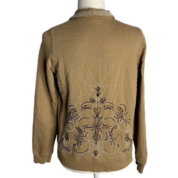 Twisted Heart Beaded Full Zip Sweatshirt M Beige Long Sleeves Pockets Stretch - Picture 6 of 8